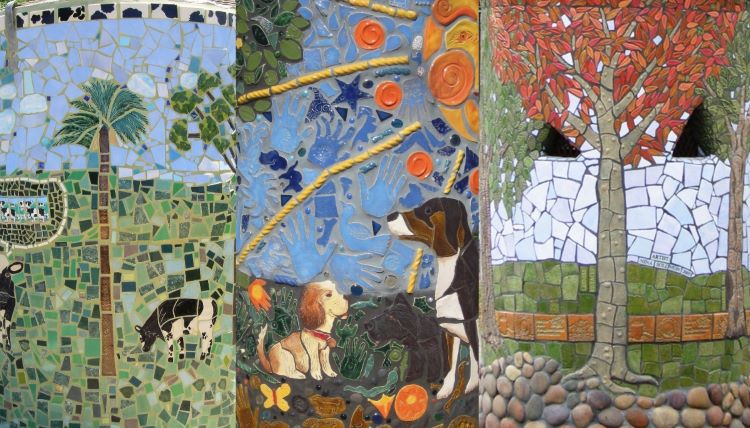 Picture of mosaic tile artwork on 3 standpipes from different Tempe neighborhoods