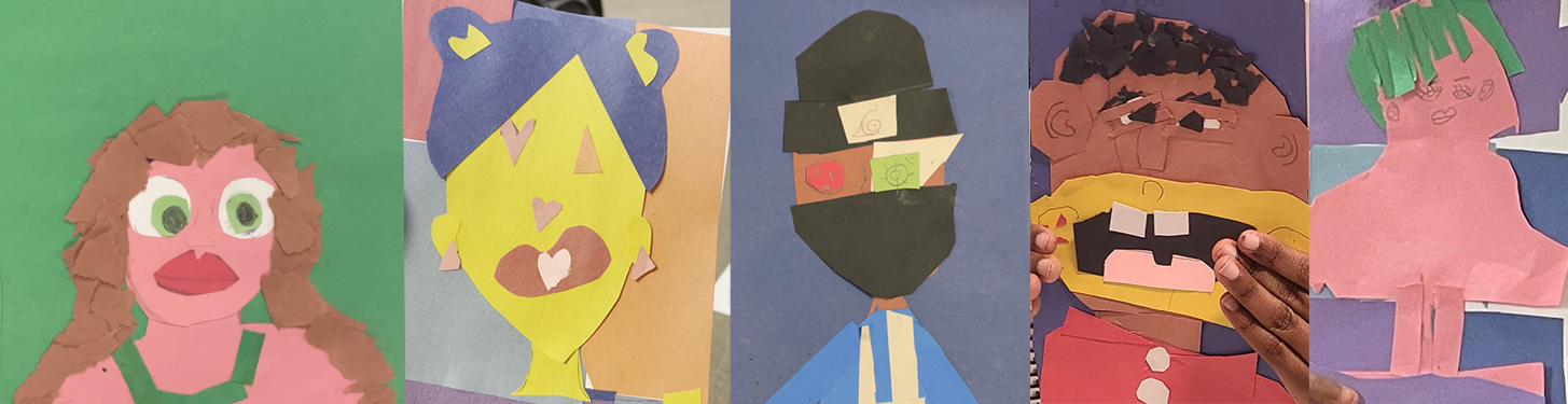 Colorful collaged paper self portraits of children