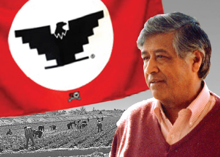 Cesar Chavez collage with farm workers and UFW flag