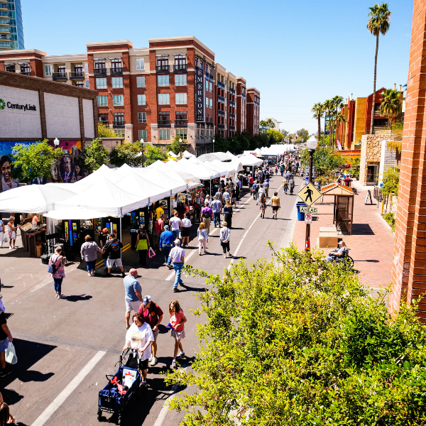 An aerial view of Tempe Festival of the Arts vendors set up along the road