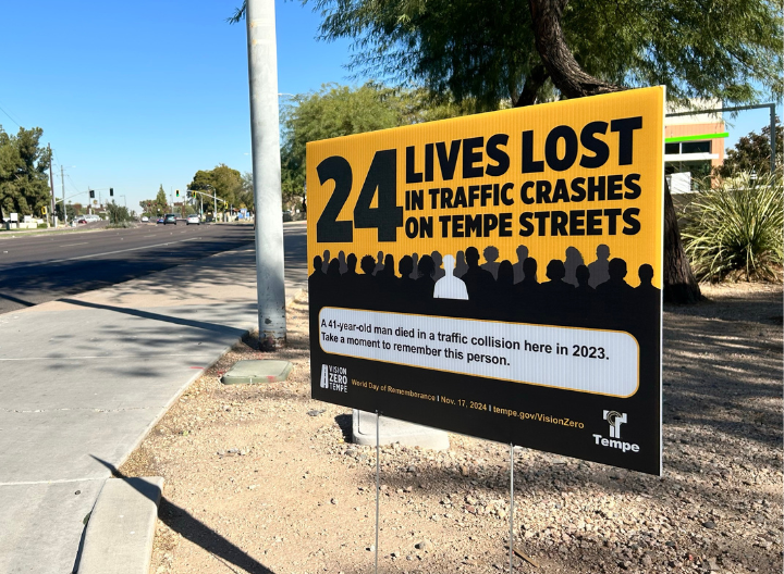 Sign sharing information on life lost on Tempe Street